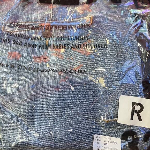 Man X One Teaspoon 32R Blue Suede Mr Browns Paint Splattered Distressed Jeans - Picture 12 of 12